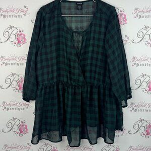 Torrid blouse top bubble sleeves plaid keyhole open Dark Green Checkered Blouse